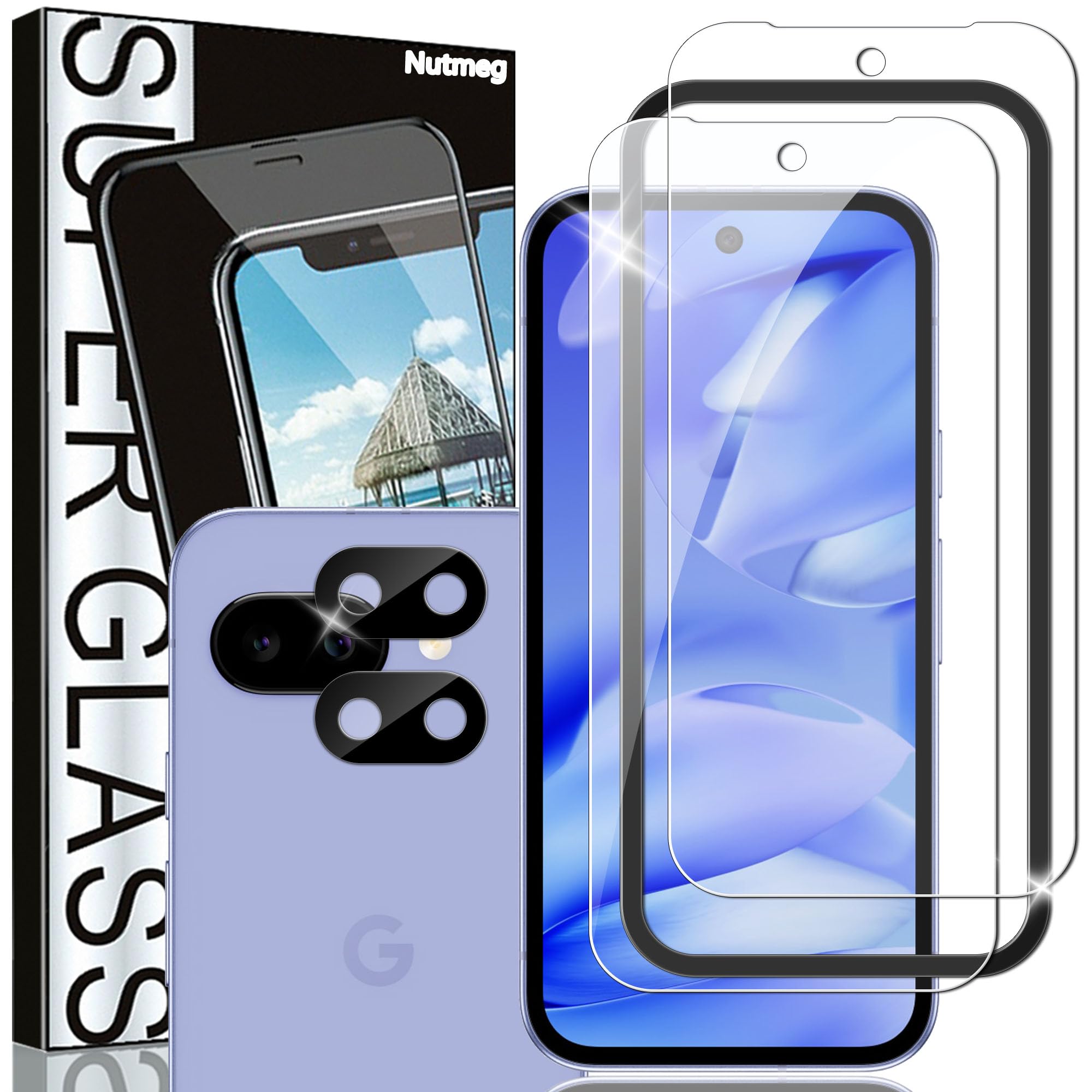 【保護フィルム貼付済】Google Pixel 9a Iris Amazon | Nutmeg【ガイド枠付き 2＋2枚】Google Pixel 9a 用の ガラス